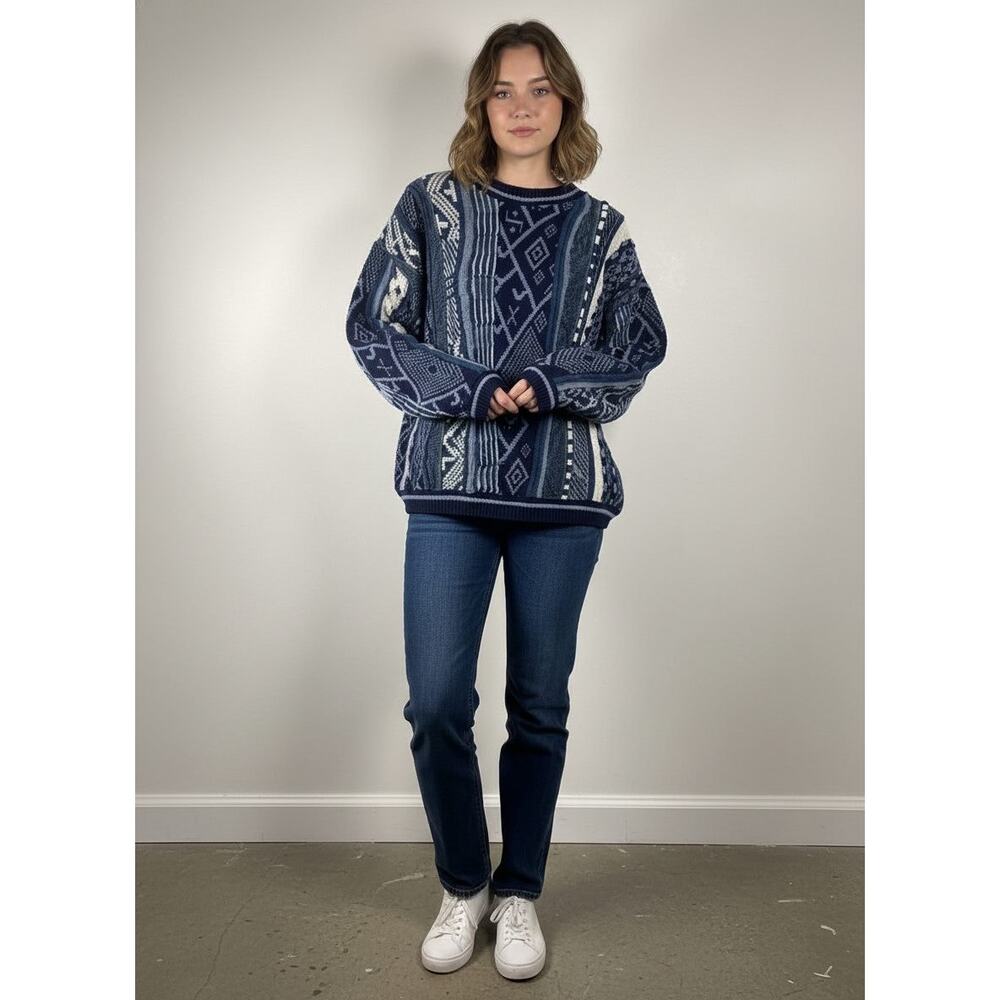 Lavane New York Vintage Coogi Style Textured Pattern Knit Crewneck Sweater